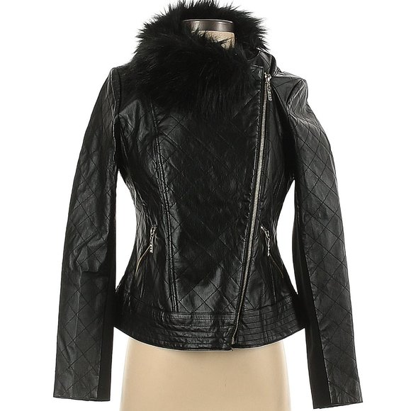 IMAN 100% Leather Solid Black jacket faux fur trim, Size XS NWT - Picture 1 of 2